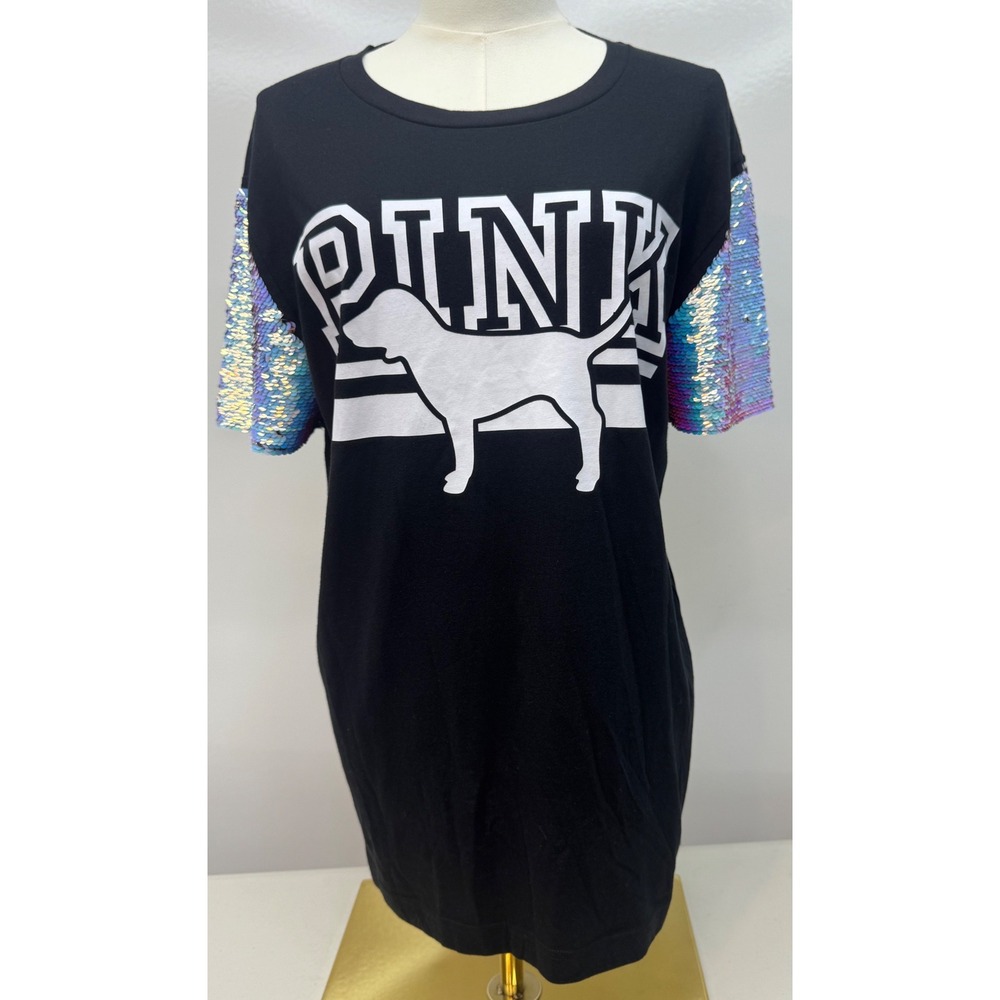 VS PINK Black Mermaid Flip Sequin Dog Campus Tee S